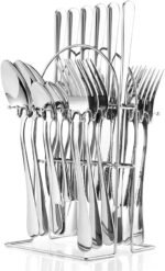 24-Piece Stainless Steel Tableware Set with Stand –Cutlery set- Premium Flatware Cutlery Set with Steak Knives, Forks & Spoons (Silver)