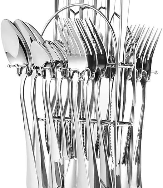 24-Piece Stainless Steel Tableware Set with Stand –Cutlery set- Premium Flatware Cutlery Set with Steak Knives, Forks & Spoons (Silver)