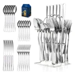 24-Piece Stainless Steel Tableware Set with Stand –Cutlery set- Premium Flatware Cutlery Set with Steak Knives, Forks & Spoons (Silver) - Image 3